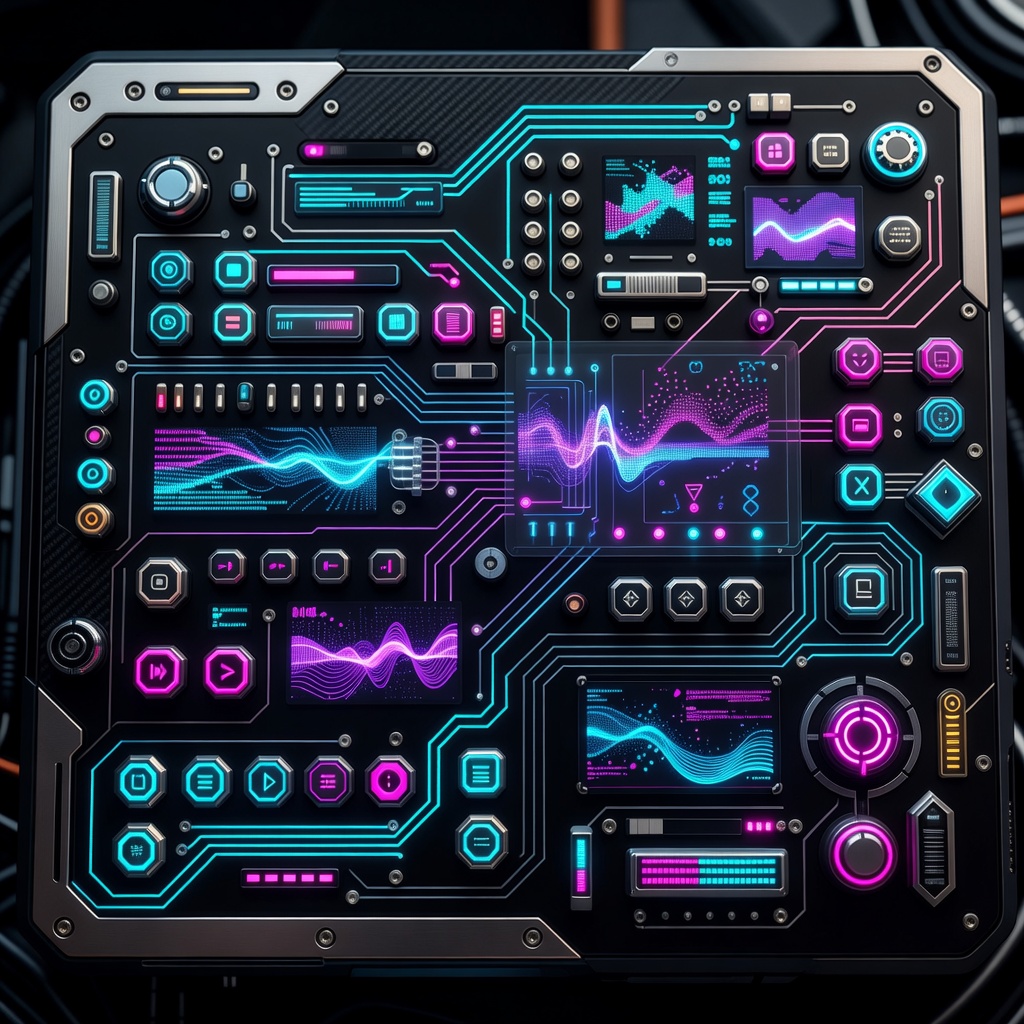 Creative cartoon design layout of buttons and vibrant neon interfaces
